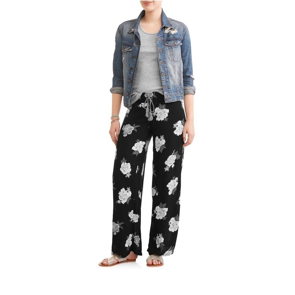 Black Floral Wide Flowy Leg Pants, M
